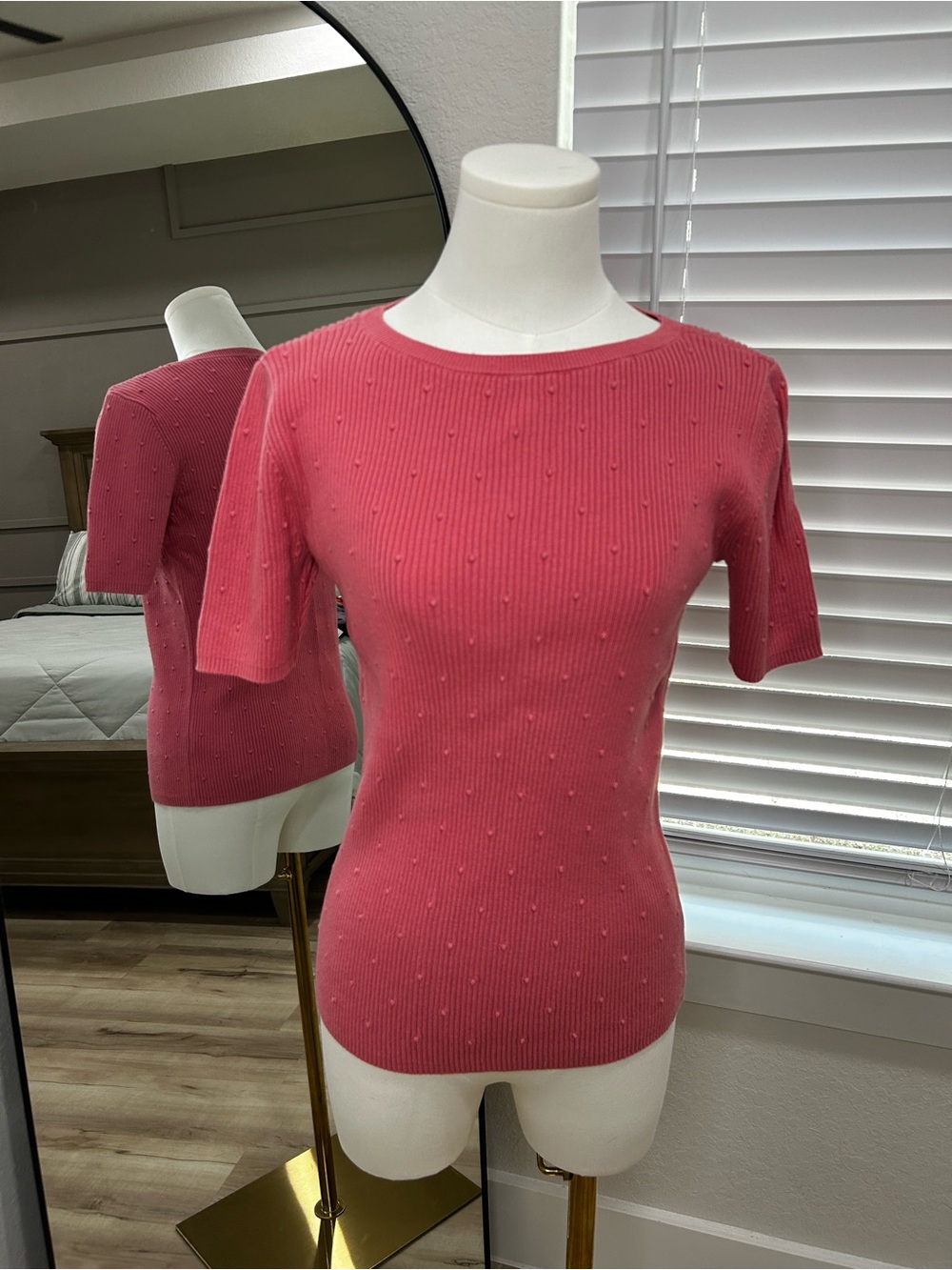 LOFT Coral Pink Short-Sleeve Textured Knit Top